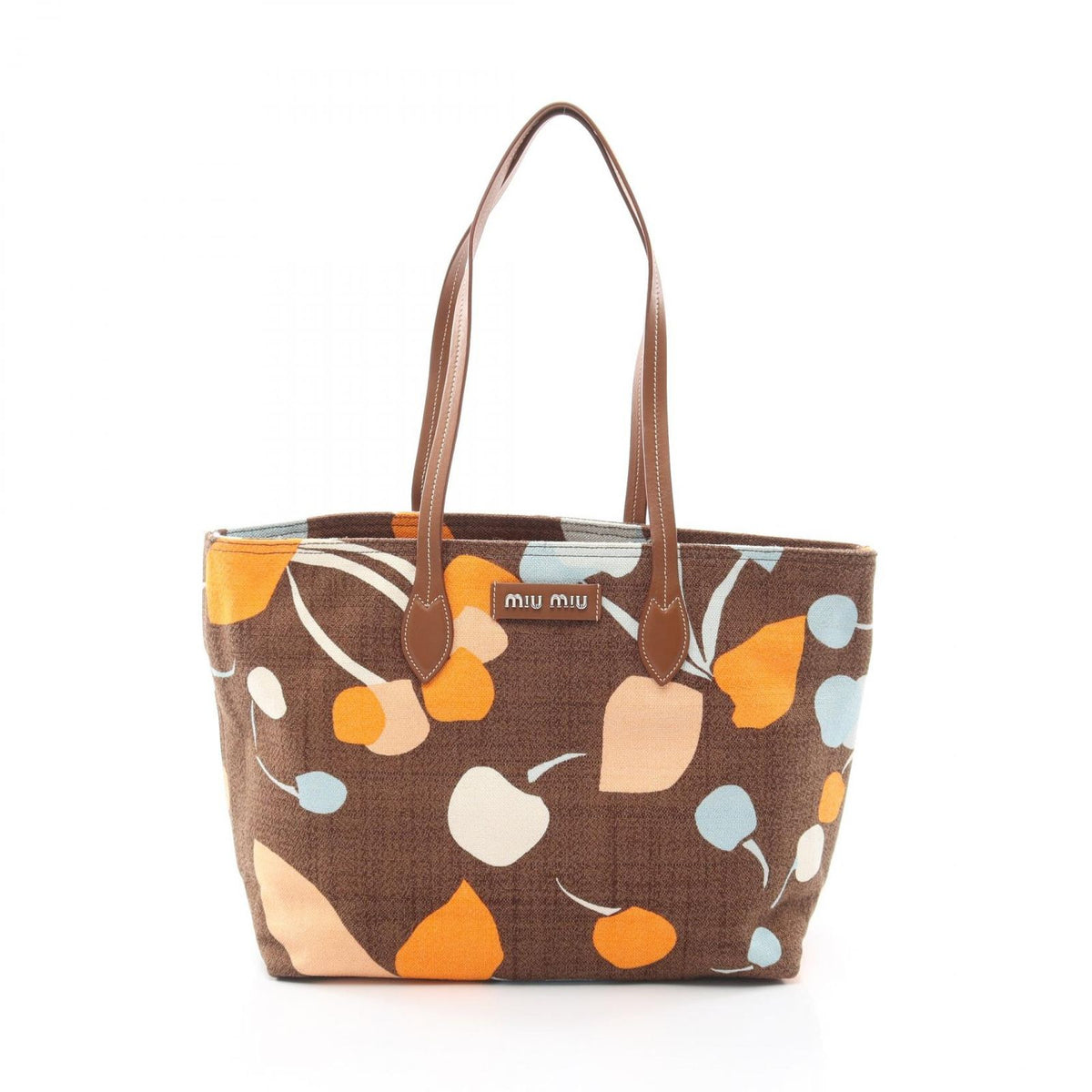 Miu Miu Tote Bag Tessuto Print Brown Multi Canvas Leather