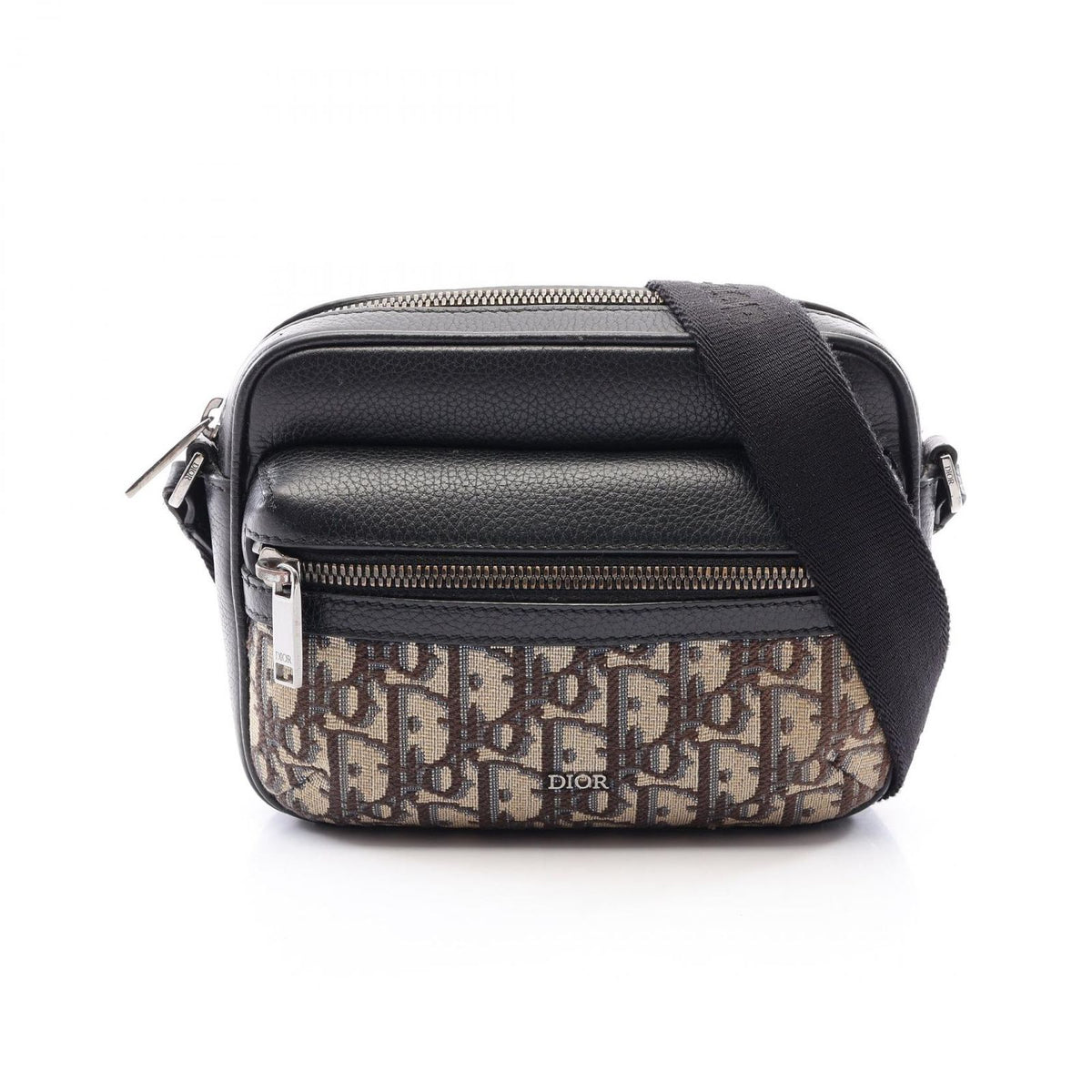 Dior Shoulder Bag Rider 2.0 Zip Mini Black Beige Leather Canvas Oblique