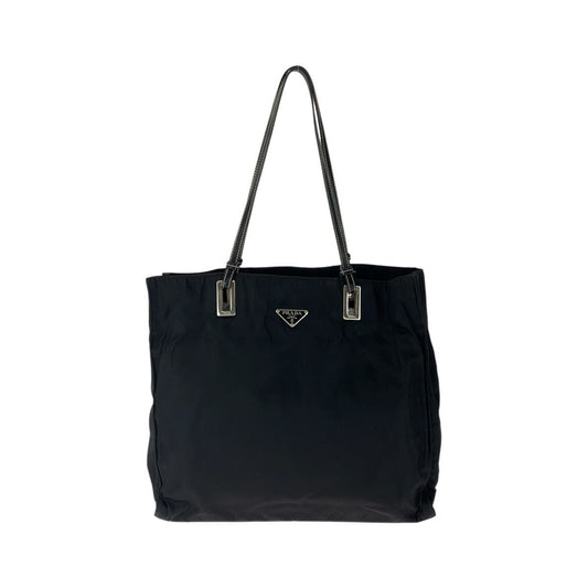 Prada Tessuto Black Silver Nylon Leather Tote Shoulder Bag