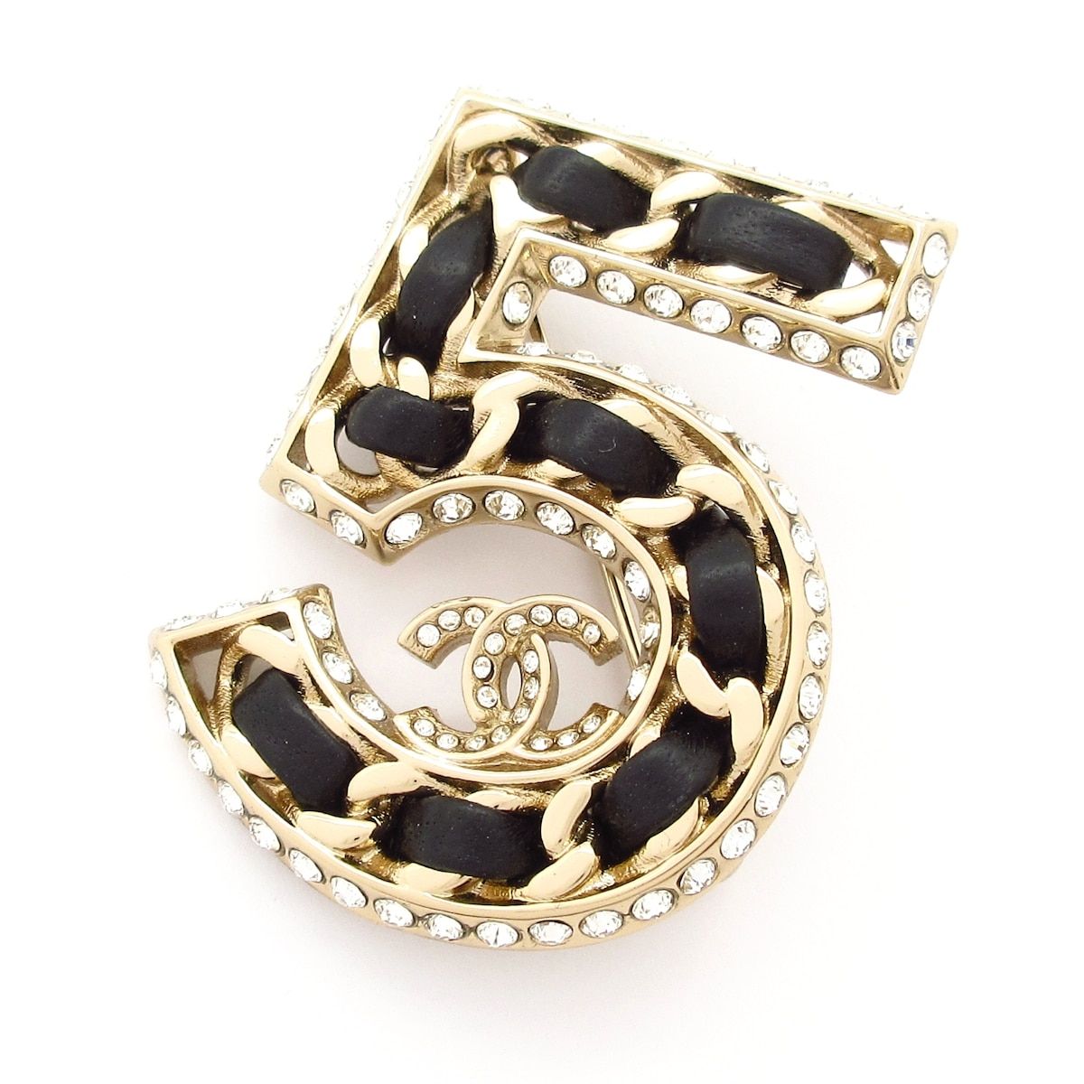 Chanel Brooch No 5 Leather Gold Black Clear