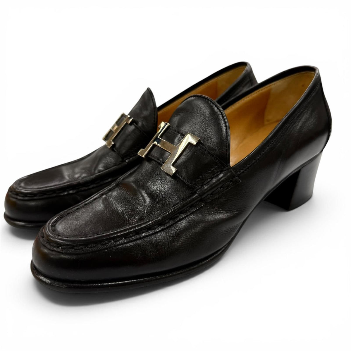 Hermes Constance Silver H Chunkyheels Leather Loafers Black