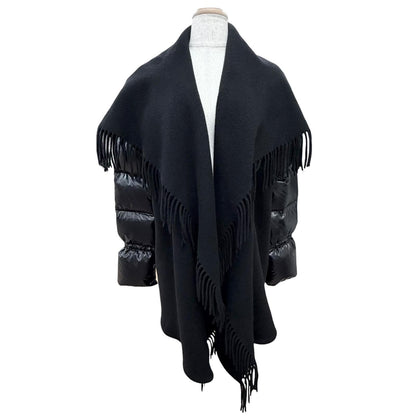 Moncler Mantella Wool 100% Logo Patch Down Sleeve Fringe Cape Coat Poncho Black