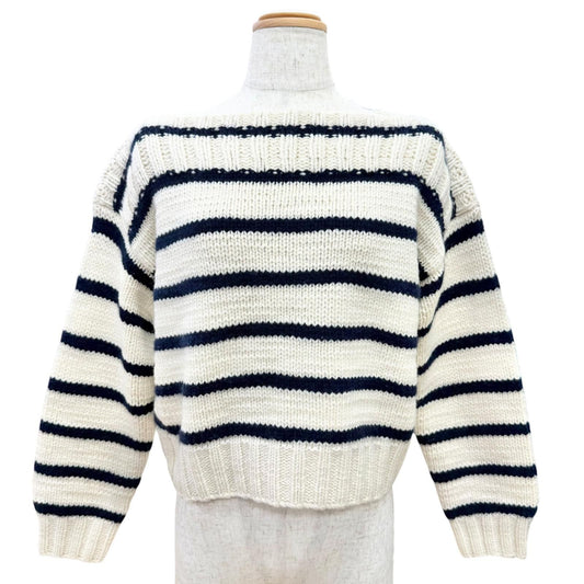 Celine Cashmere Wool Mariniere Border Boat Neck Cropped Knit Ivory Sweater