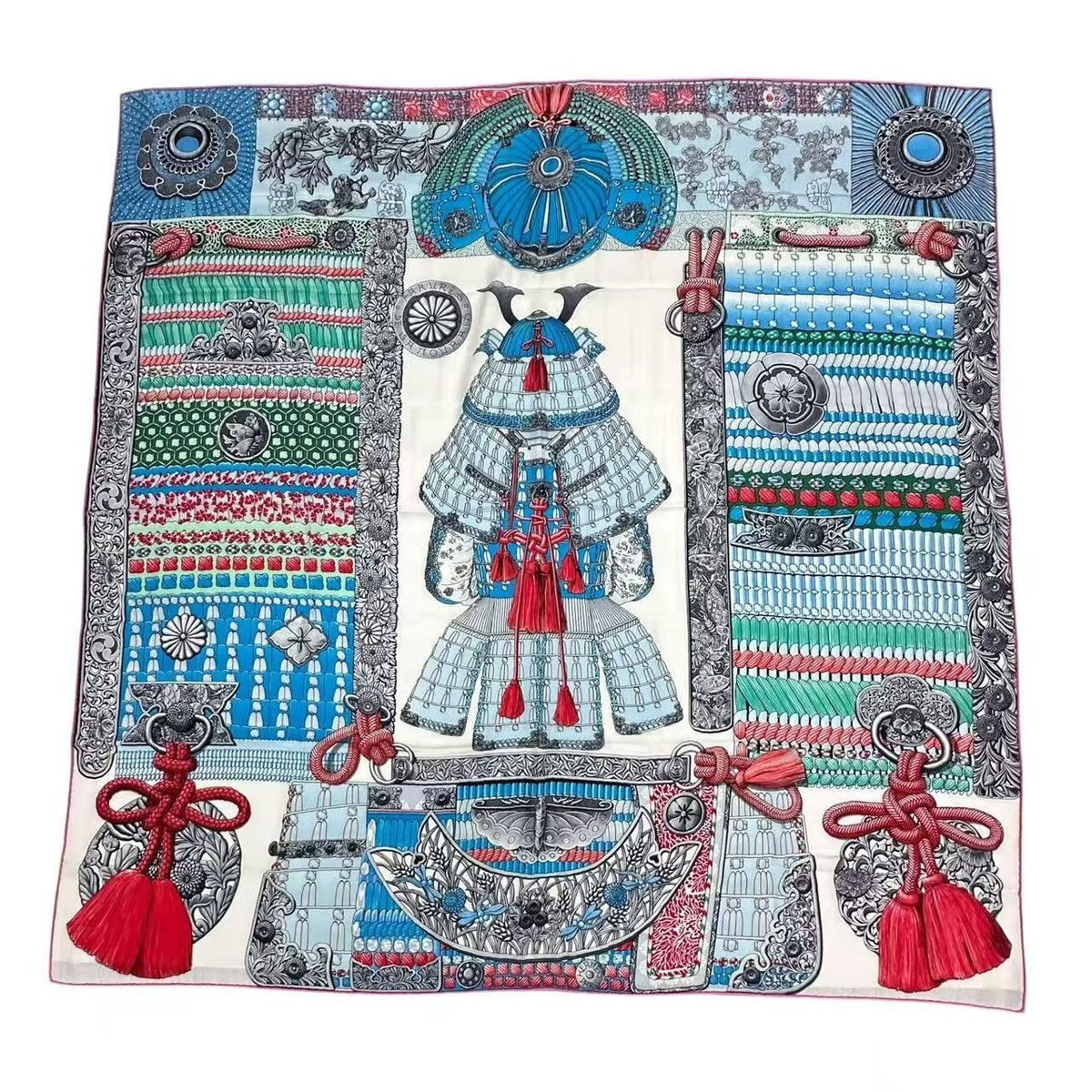 Hermes Carre 140 Scarf Cashmere Large Parures de Samourais Samurai Armor Blue — view 2