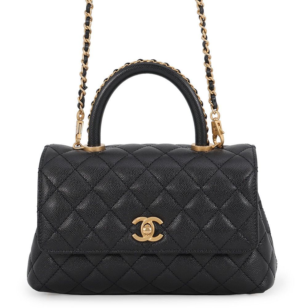 Chanel Quilted CC Logo Coco Handle XS Caviar Leather 2-Way Shoulder Bag Black