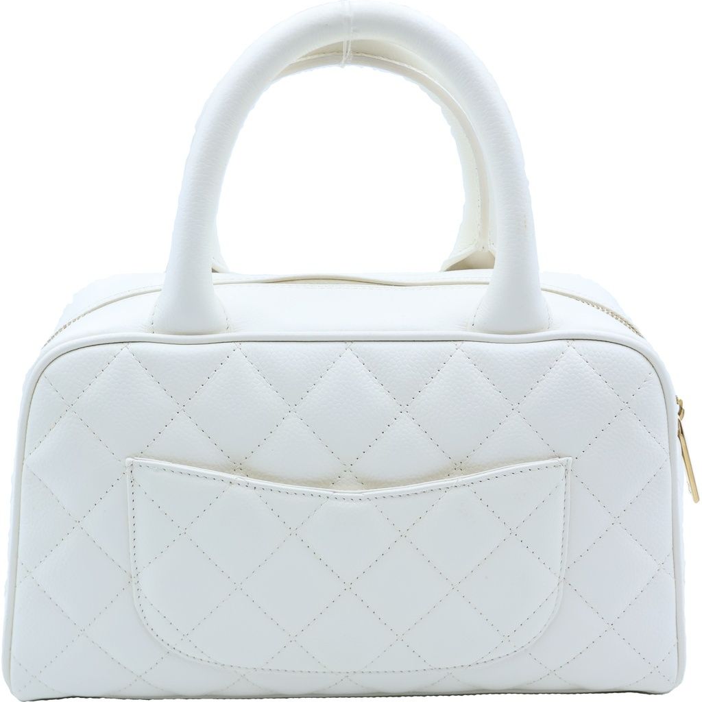 Chanel Quilted CC Logo Mini Boston Handbag White Caviar Leather Gold — view 2
