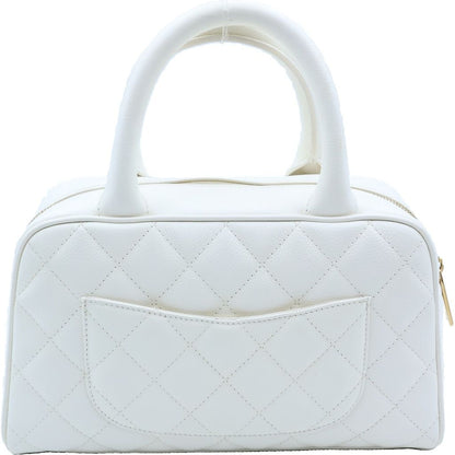 Chanel Quilted CC Logo Mini Boston Handbag White Caviar Leather Gold — view 2