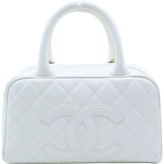 Chanel Quilted CC Logo Mini Boston Handbag White Caviar Leather Gold