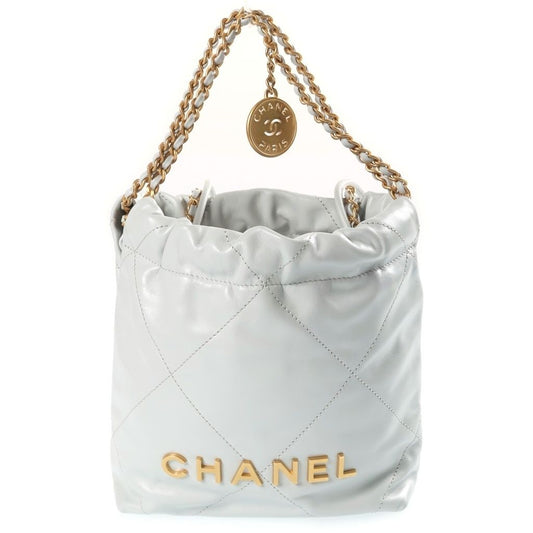 Chanel 22 Mini Handbag Chain Shoulder 2-Way Drawstring Bag Calfskin Gold Gray