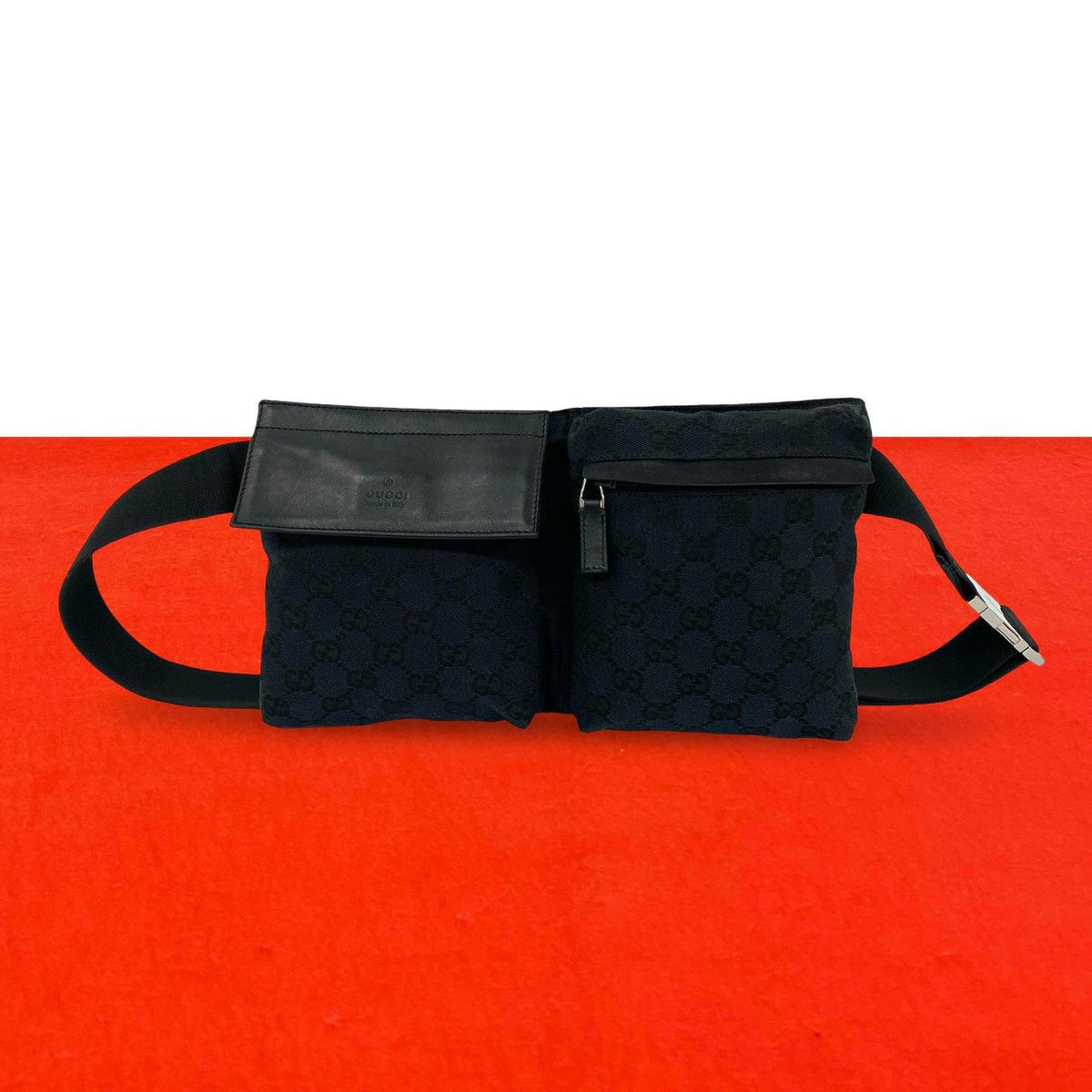 Gucci GG Pattern Canvas Logo Stamp Leather Belt Bag Waist Pouch Black