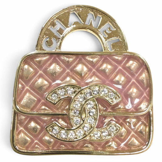 Chanel Rhinestone Quilted Bag Motif CC Logo Brooch Gold Pink
