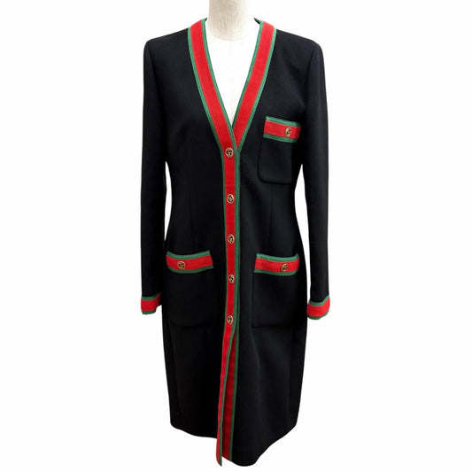 Gucci Wool 100% GG Marmont Web Line Collarless Coat Black 40