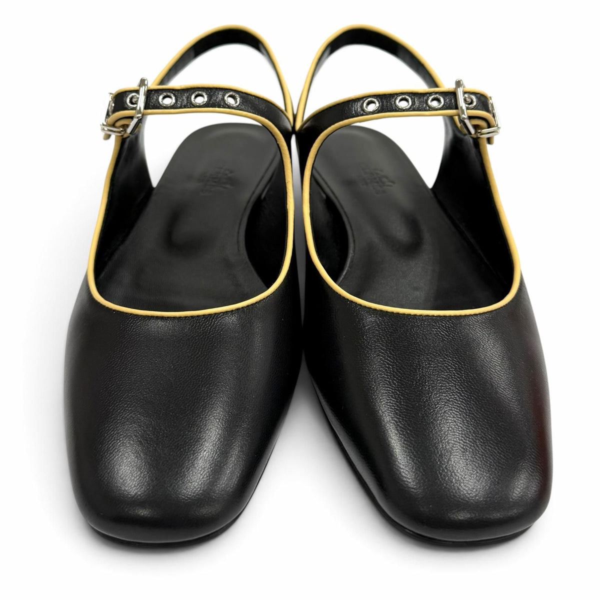 Hermes Cleo H Buckle Square Toe Leather Ballet Shoes Black — view 3