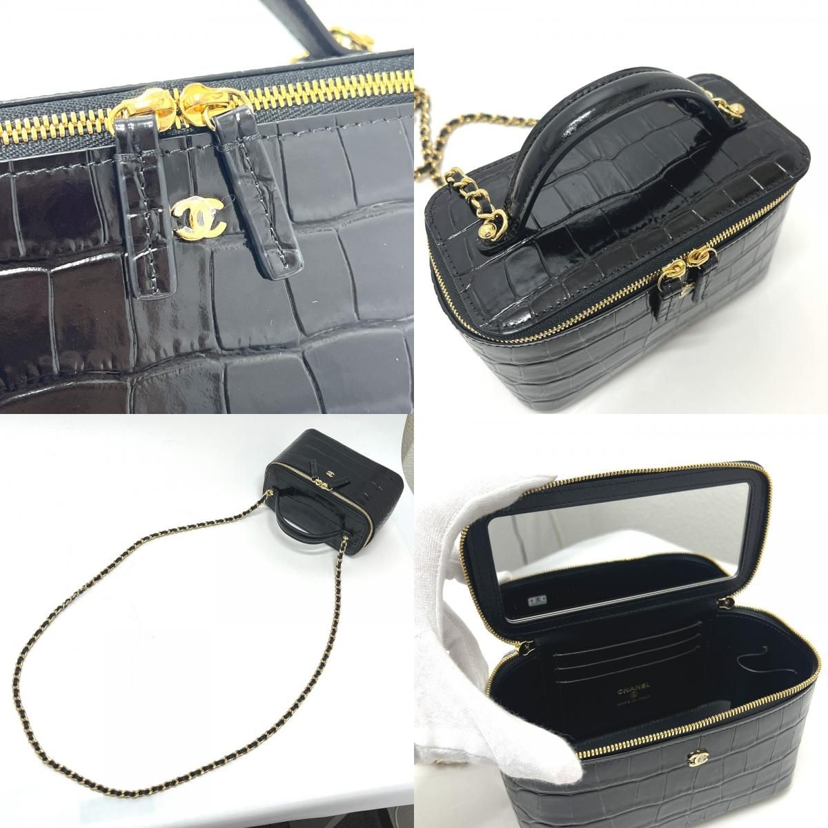 Chanel Shoulder Bag CC Logo Croco Embossed Vanity Leather Black — view 8