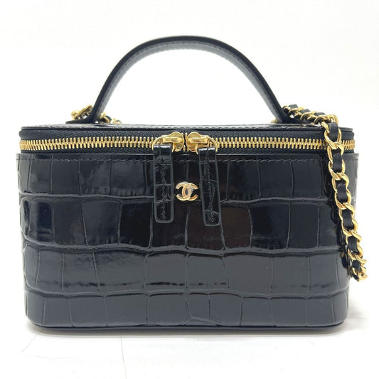 Chanel Shoulder Bag CC Logo Croco Embossed Vanity Leather Black