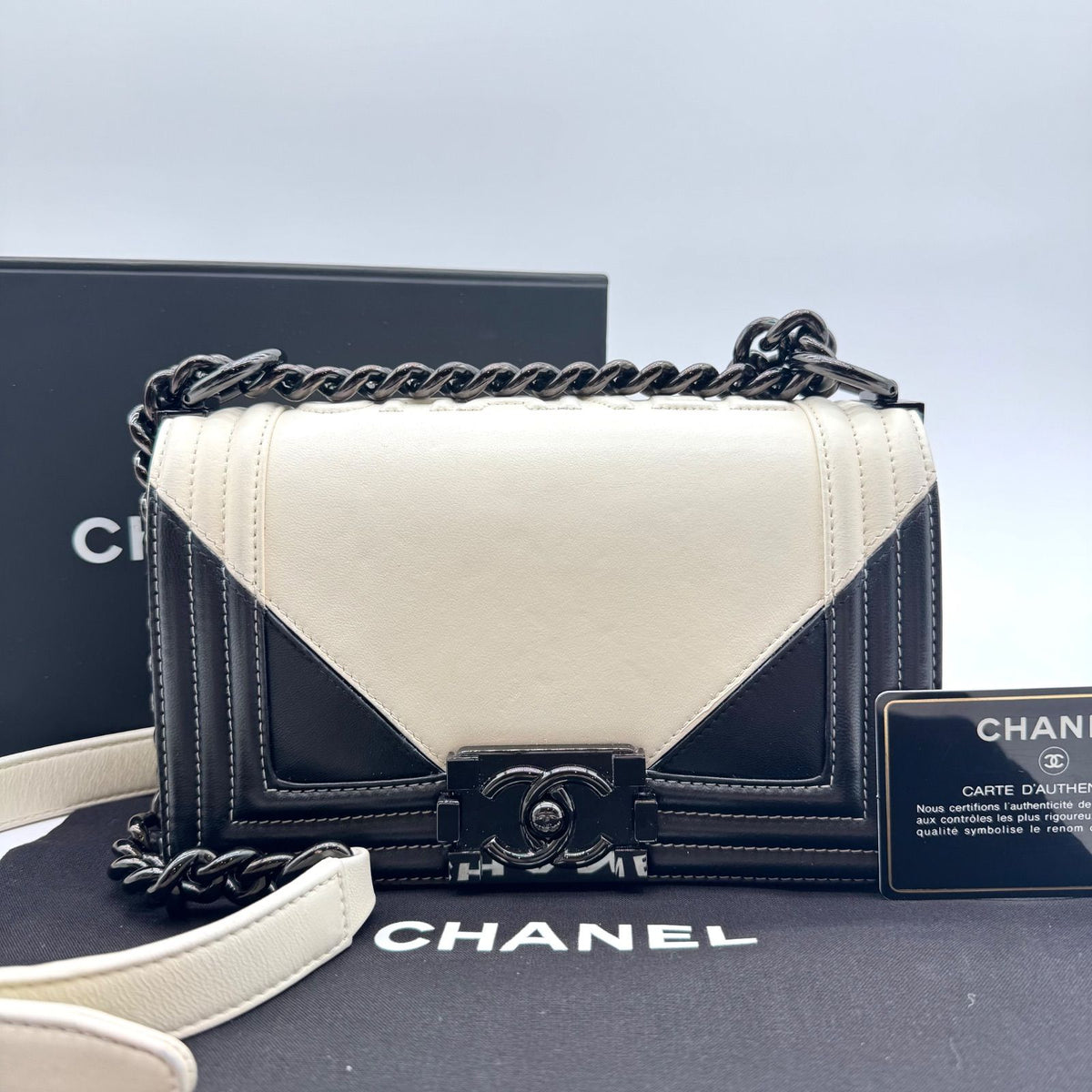 Chanel Large Shoulder Bag Boy Geometric CC Logo Leather White Black