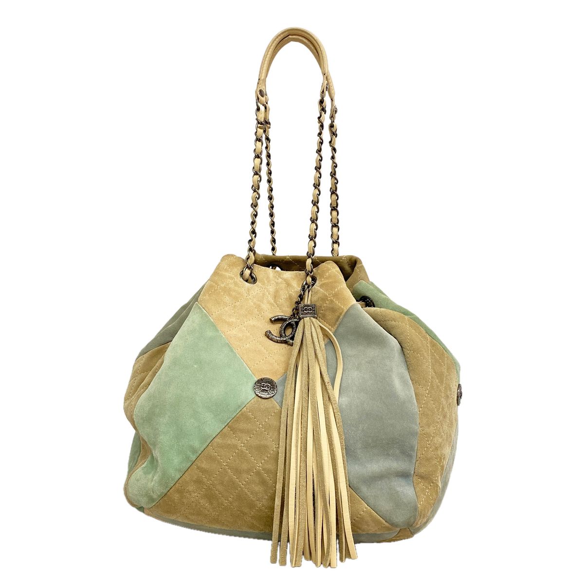 Chanel Shoulder Bag Quilted Suede Beige Green Blue Silver
