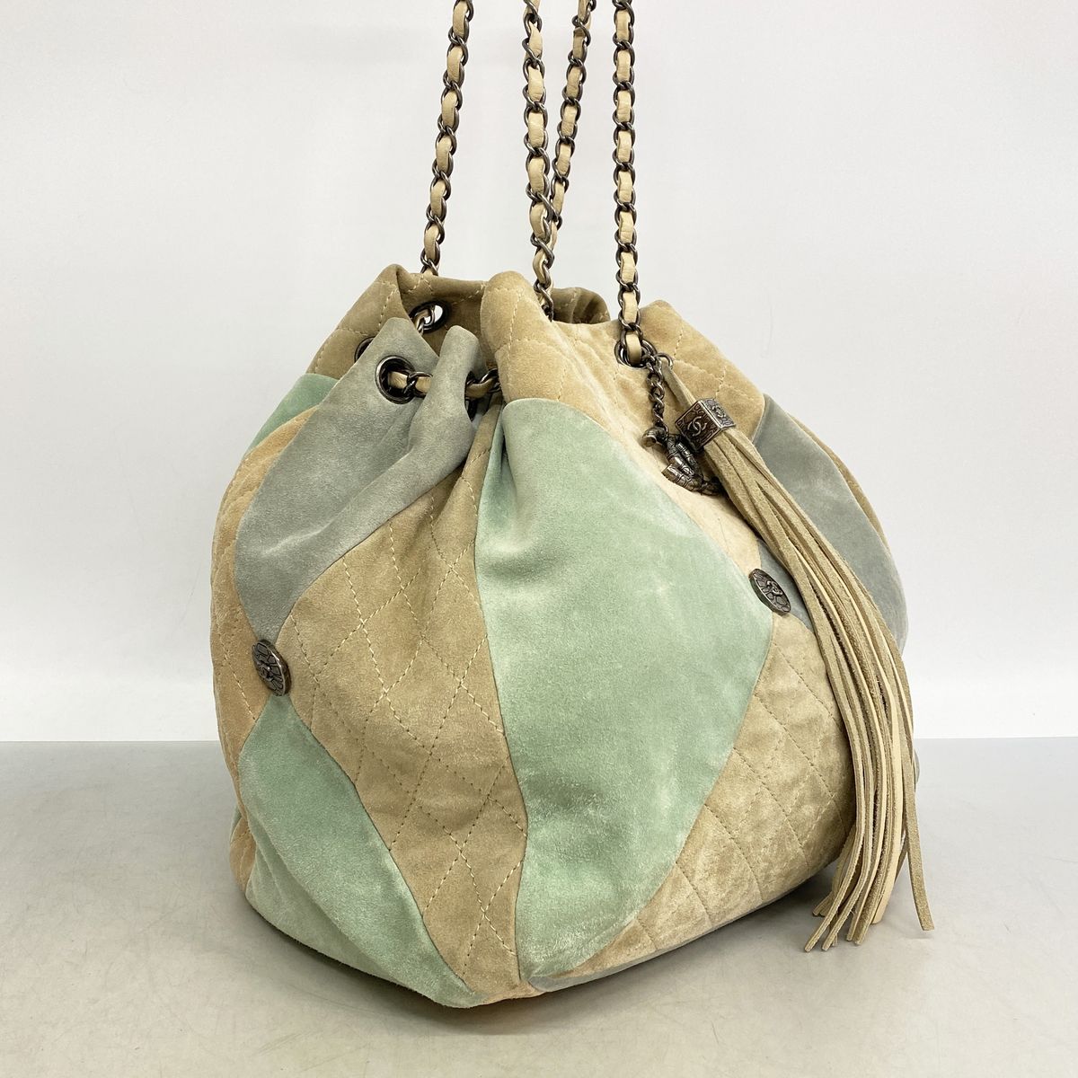 Chanel Shoulder Bag Quilted Suede Beige Green Blue Silver — view 2