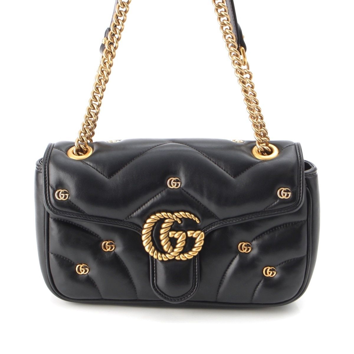 Gucci GG Marmont Leather Quilted Locking G Chain Shoulder Bag Black