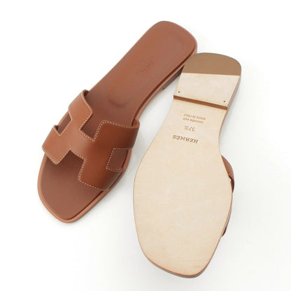 Hermes Oran Leather H Motif Flat Sandals Brown — view 5