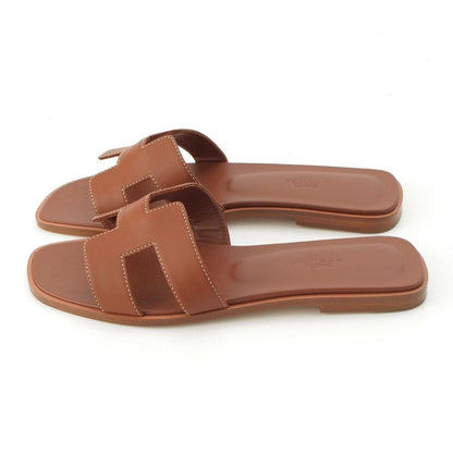 Hermes Oran Leather H Motif Flat Sandals Brown — view 3