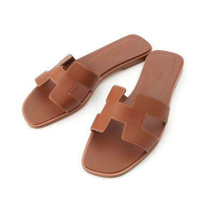 Hermes Oran Leather H Motif Flat Sandals Brown