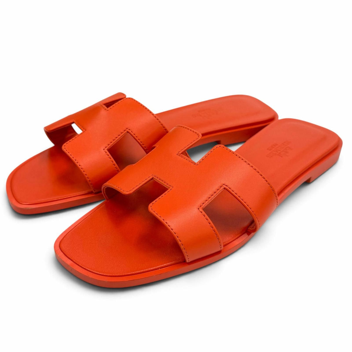 Hermes Oran H Design Leather Flat Sandals Orange