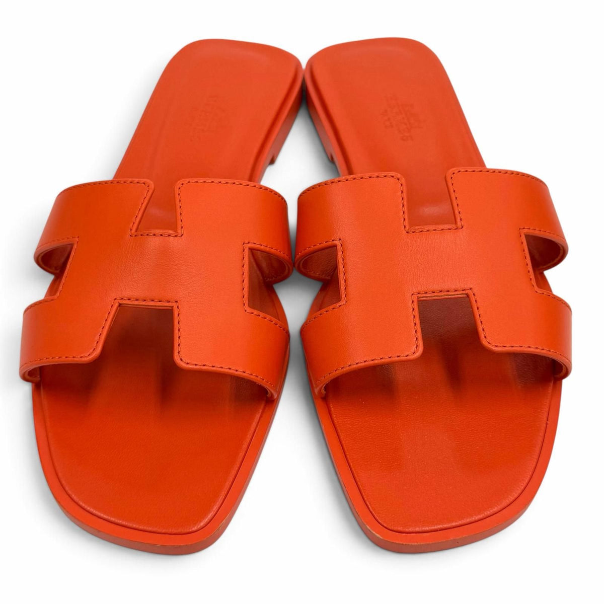 Hermes Oran H Design Leather Flat Sandals Orange — view 2