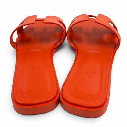 Hermes Oran H Design Leather Flat Sandals Orange — view 3