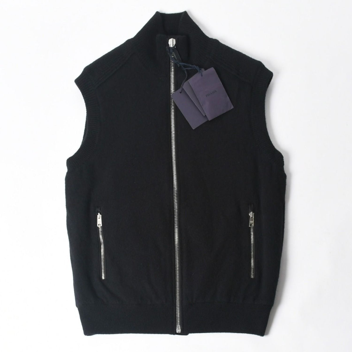 Prada Back Fleece Zip Up Vest Cashmere Black Silver 46