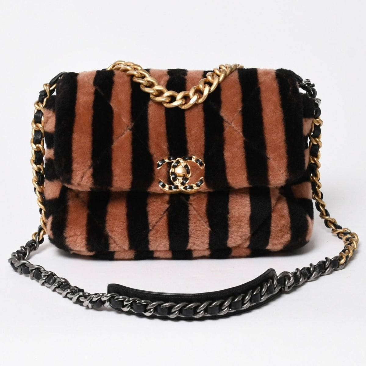 Chanel 19 Chain Bag CC Logo Stripe Shearling Fur Flap