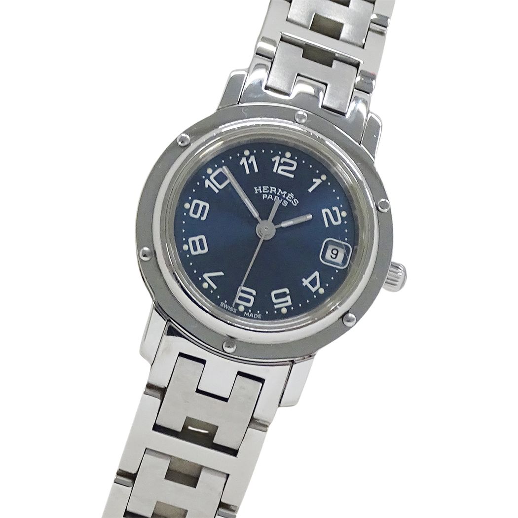Hermes Watch Clipper Date Quartz Stainless Steel Silver Blue