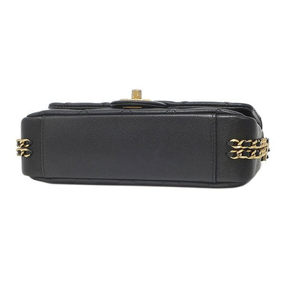 Chanel Shoulder Bag Quilted Chain Caviar Leather Black Gold Single Flap CC Logo — view 3