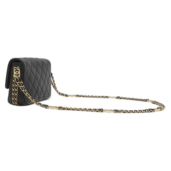 Chanel Shoulder Bag Quilted Chain Caviar Leather Black Gold Single Flap CC Logo — view 2