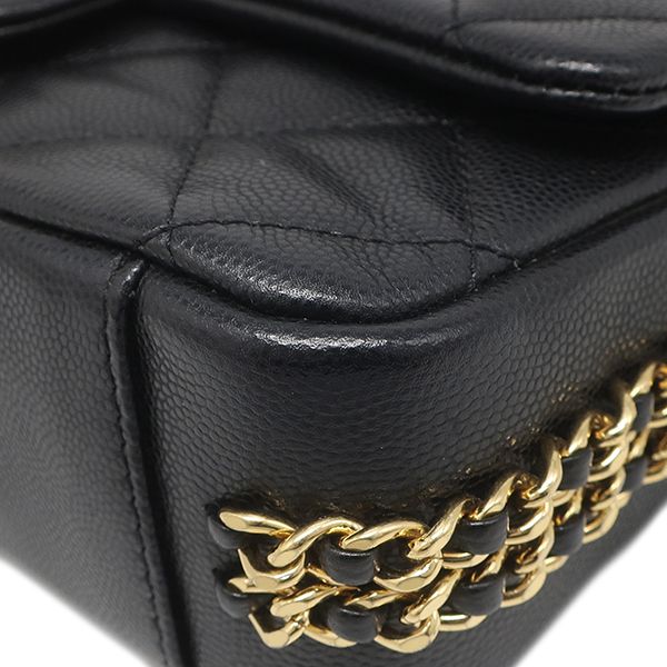 Chanel Shoulder Bag Quilted Chain Caviar Leather Black Gold Single Flap CC Logo — view 4