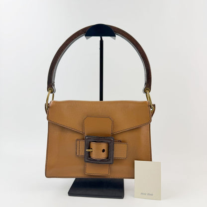 Miu Miu Square Buckle Shoulder Bag Leather Camel Brown Gold Vintage