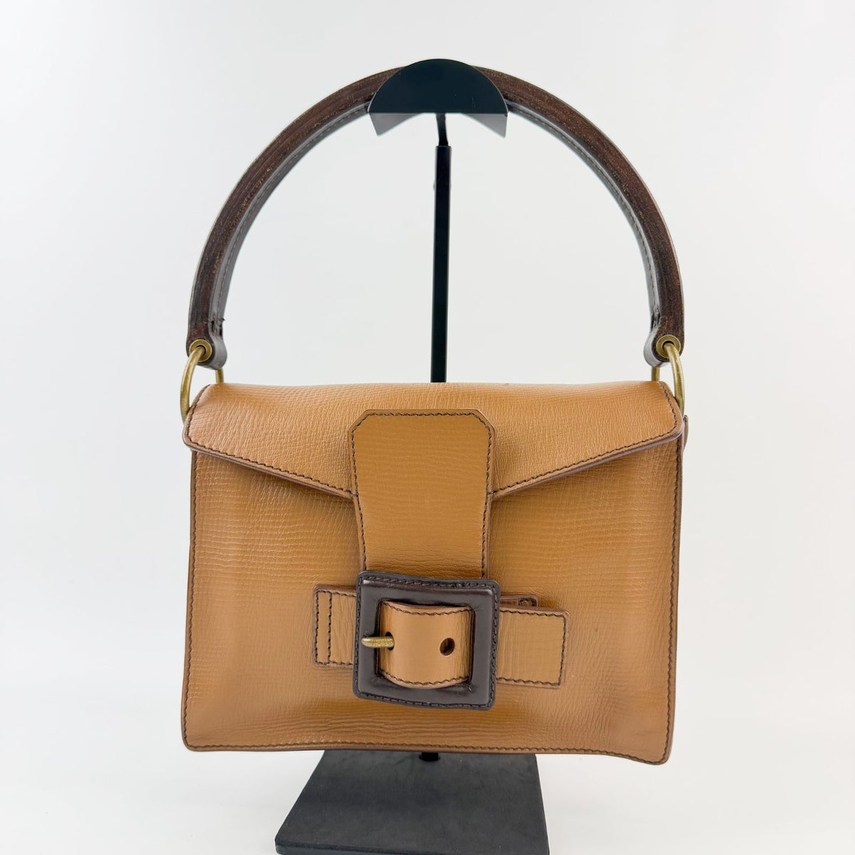 Miu Miu Square Buckle Shoulder Bag Leather Camel Brown Gold Vintage — view 2