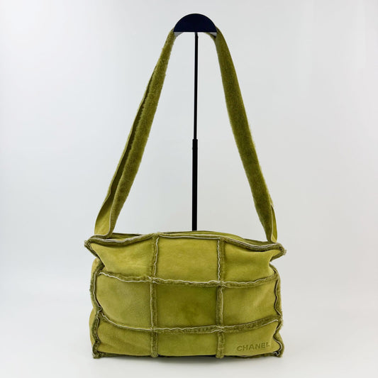 Chanel Patchwork Logo Shoulder Bag Shearling Suede Green Silver Seal Vintage