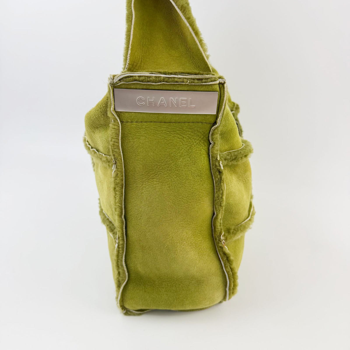 Chanel Patchwork Logo Shoulder Bag Shearling Suede Green Silver Seal Vintage — view 5
