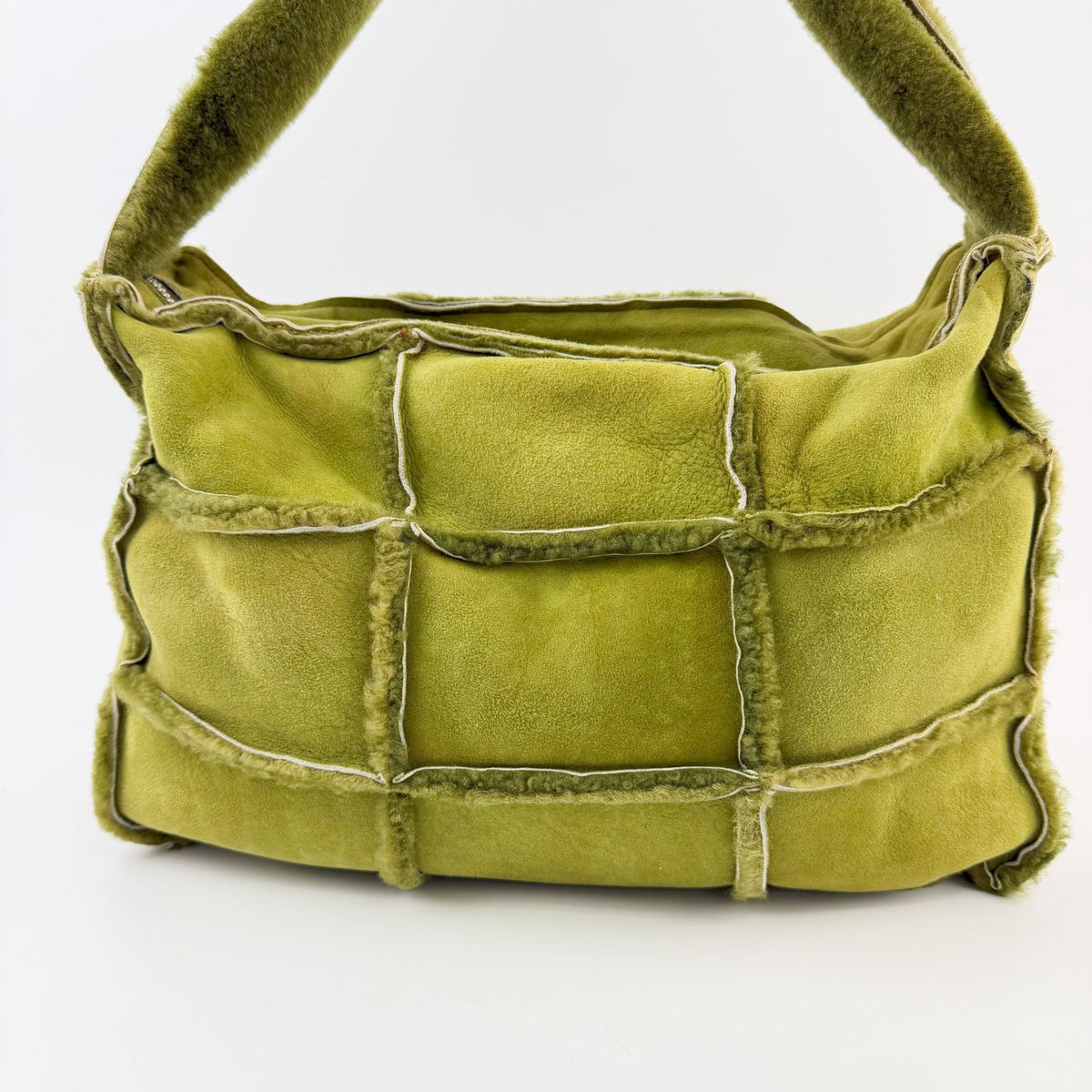 Chanel Patchwork Logo Shoulder Bag Shearling Suede Green Silver Seal Vintage — view 4
