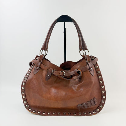 Miu Miu Studs Logo Shoulder Bag Leather Brown Silver Vintage