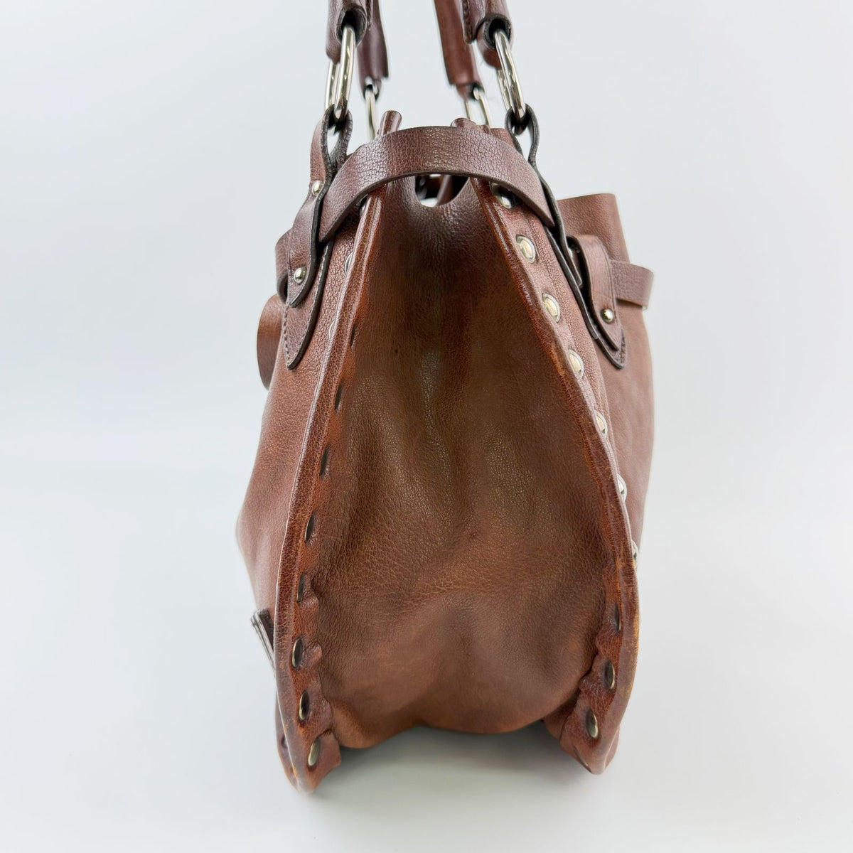 Miu Miu Studs Logo Shoulder Bag Leather Brown Silver Vintage — view 4