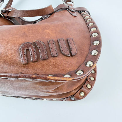 Miu Miu Studs Logo Shoulder Bag Leather Brown Silver Vintage — view 7