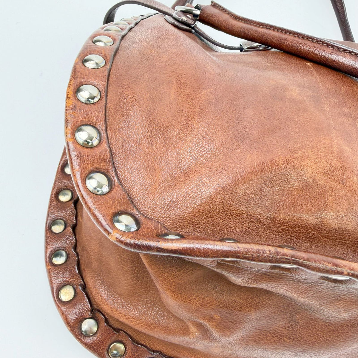 Miu Miu Studs Logo Shoulder Bag Leather Brown Silver Vintage — view 8