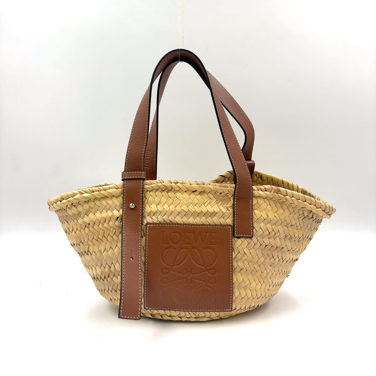 Loewe Anagram Bucket Handbag Leather Raffia Brown Beige Tote Silver