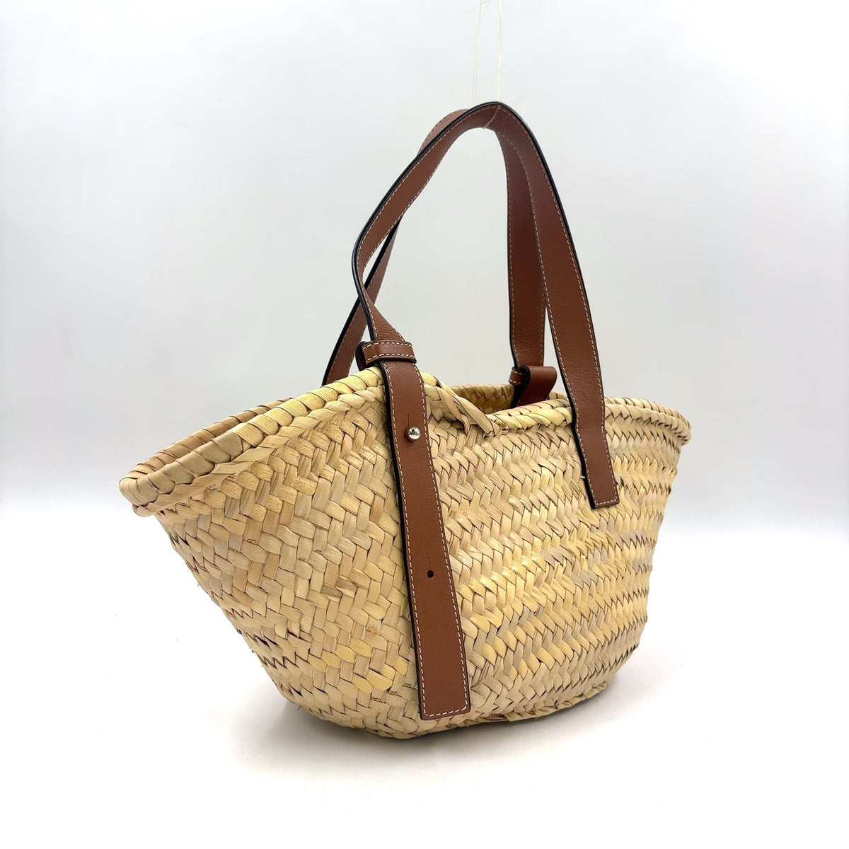 Loewe Anagram Bucket Handbag Leather Raffia Brown Beige Tote Silver — view 2