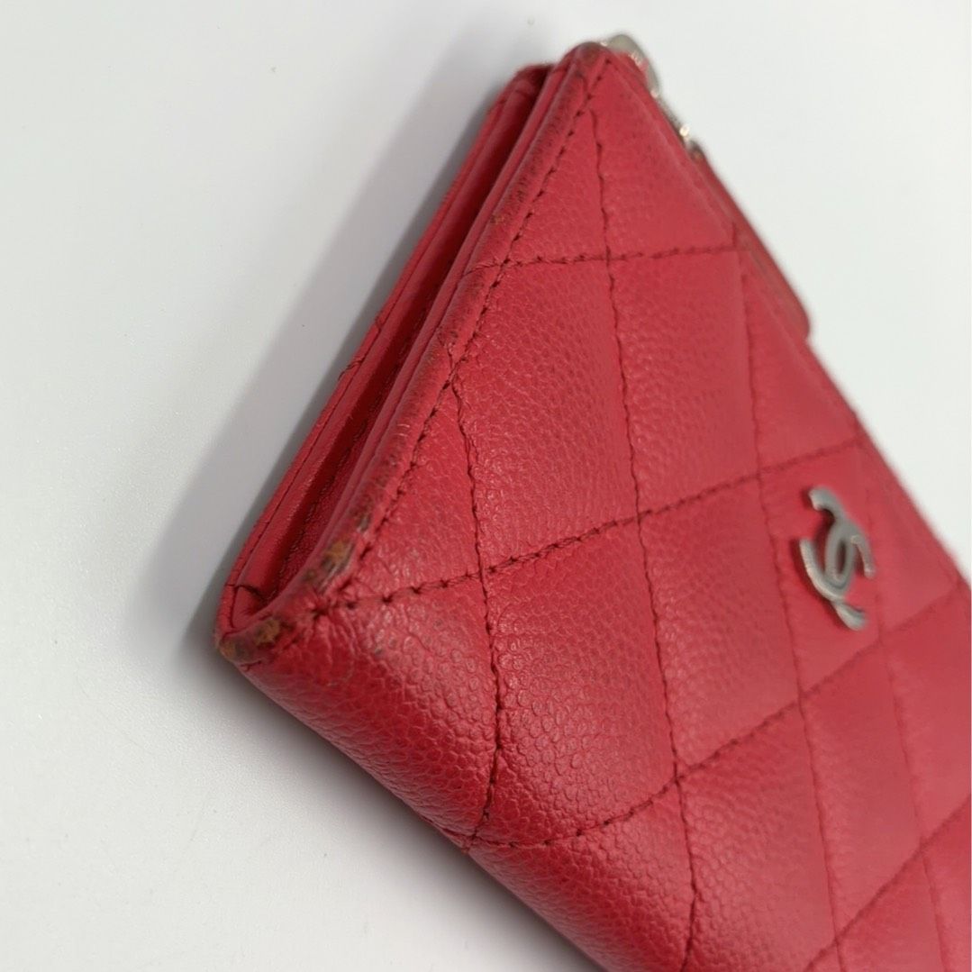 Chanel Quilted Zip Coin Purse Caviar Leather Red Mini Wallet Silver — view 8