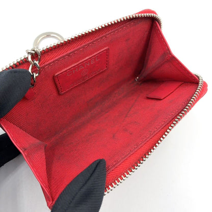 Chanel Quilted Zip Coin Purse Caviar Leather Red Mini Wallet Silver — view 3