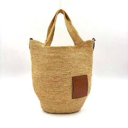 Loewe Slit Shoulder Strap Included Leather Raffia Beige Handbag Gold