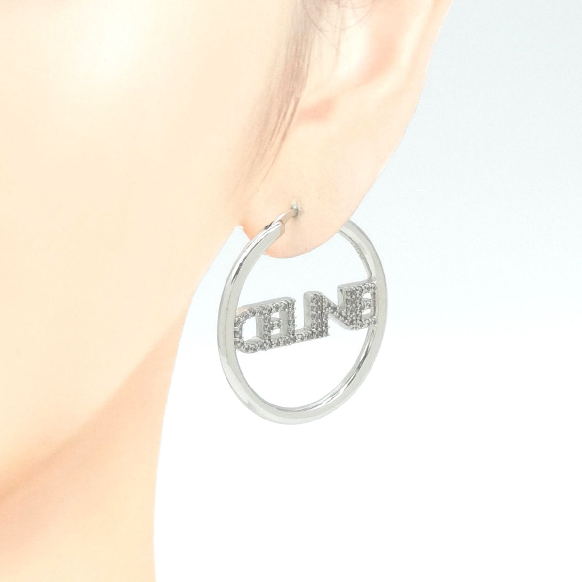 Celine Monochrome Strass Hoop Earrings Logo Crystal Rhodium Finish Brass Silver — view 2
